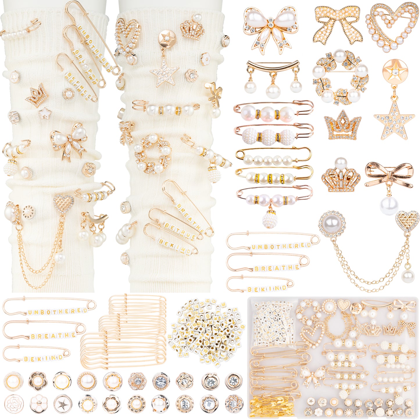 335 Pcs Junk Socks Charms Kit with Letter Beads, Gold Charms for Socks, Brooches and Pins for Women, Charms for Socks Safety Pin, Junk Charms, Pearl Sock Charms, Rhinestone Junk Socks Charms