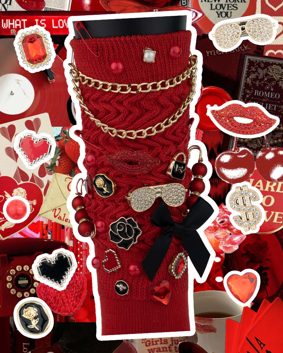 DoDoBeads 85 Pcs Junk Socks Charms Kit, Black and Red Charms for Socks, Brooches and Pins for Women, ShoeCharms with Bows, Sneakers DIY Kit with Pearls Rhinestones Chains