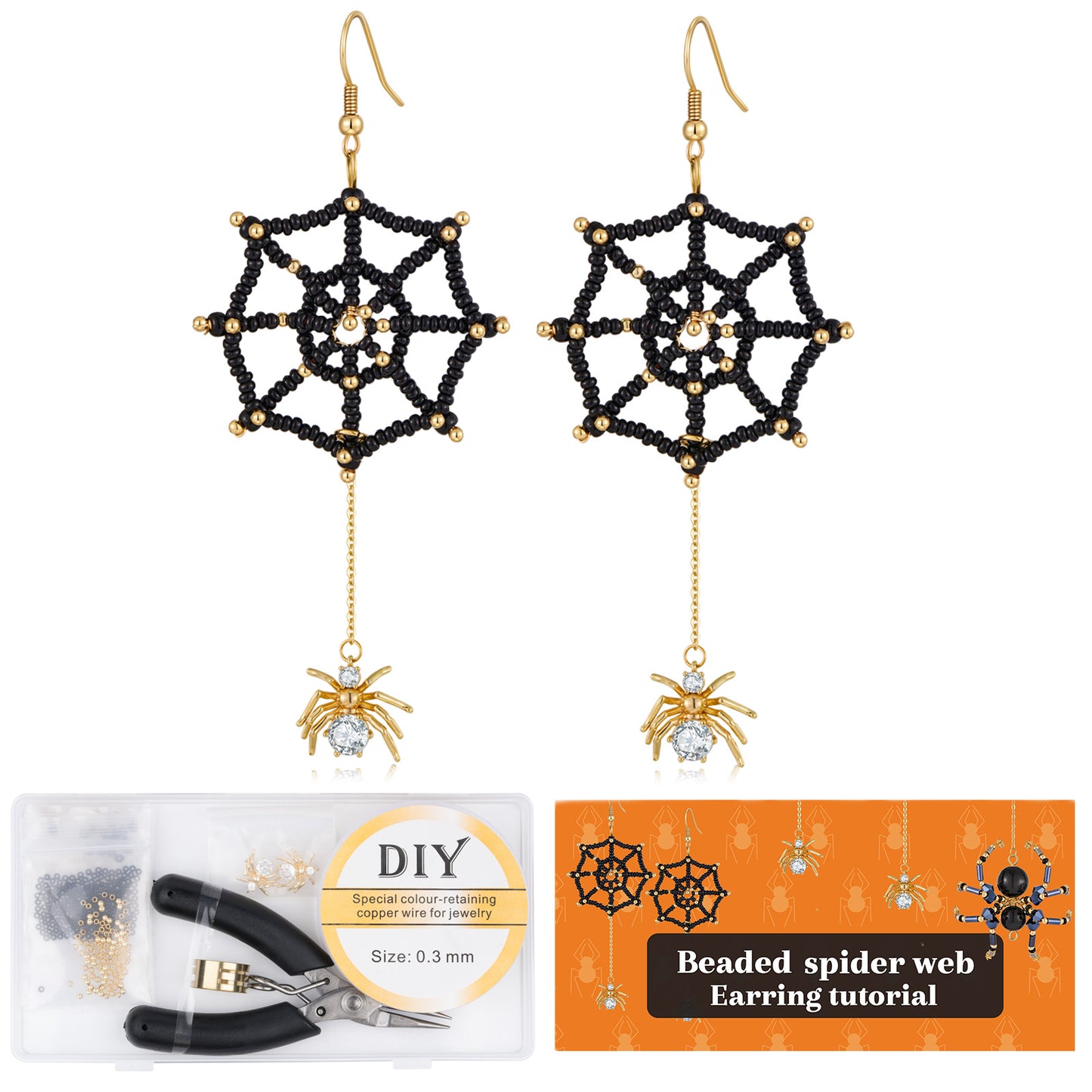 DoDoBeads Earring Making Kit, Halloween Earrings Making Kit, Jewelry Making Kit with Spider Cubic Zirconia Pendant, Glass Beads, Gold Spacer Beads, Earring Hooks, Jump Rings, Tools