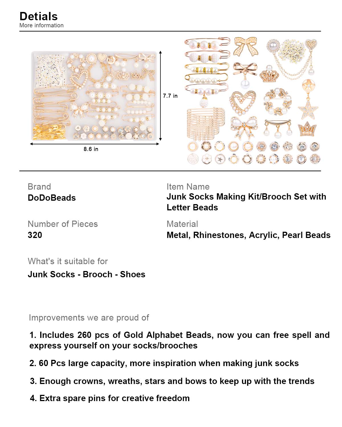 335 Pcs Junk Socks Charms Kit with Letter Beads, Gold Charms for Socks, Brooches and Pins for Women, Charms for Socks Safety Pin, Junk Charms, Pearl Sock Charms, Rhinestone Junk Socks Charms