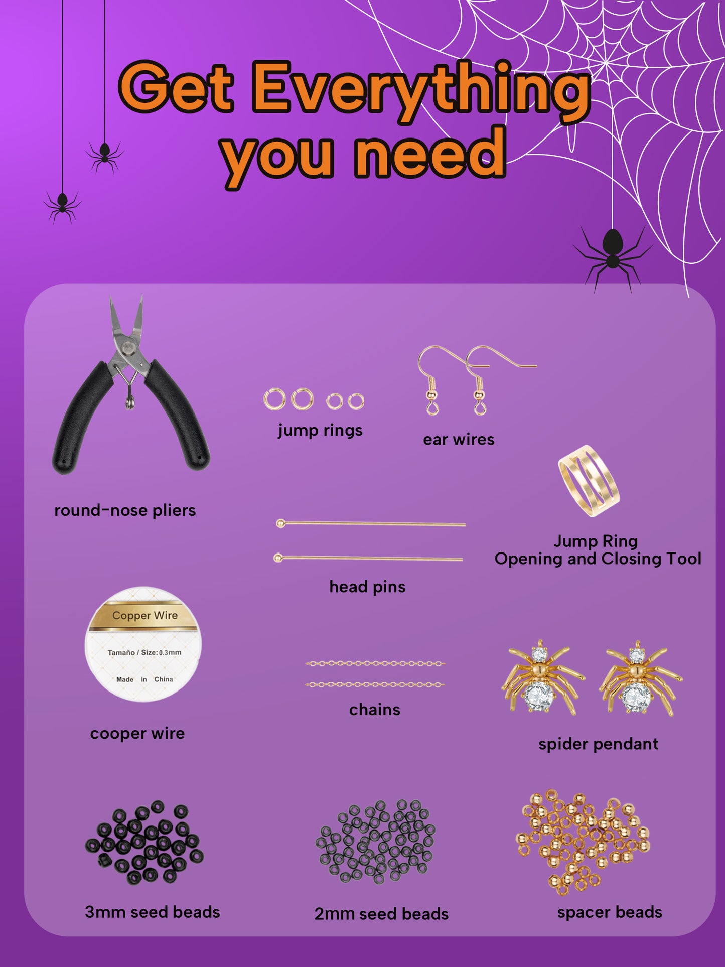DoDoBeads Earring Making Kit, Halloween Earrings Making Kit, Jewelry Making Kit with Spider Cubic Zirconia Pendant, Glass Beads, Gold Spacer Beads, Earring Hooks, Jump Rings, Tools