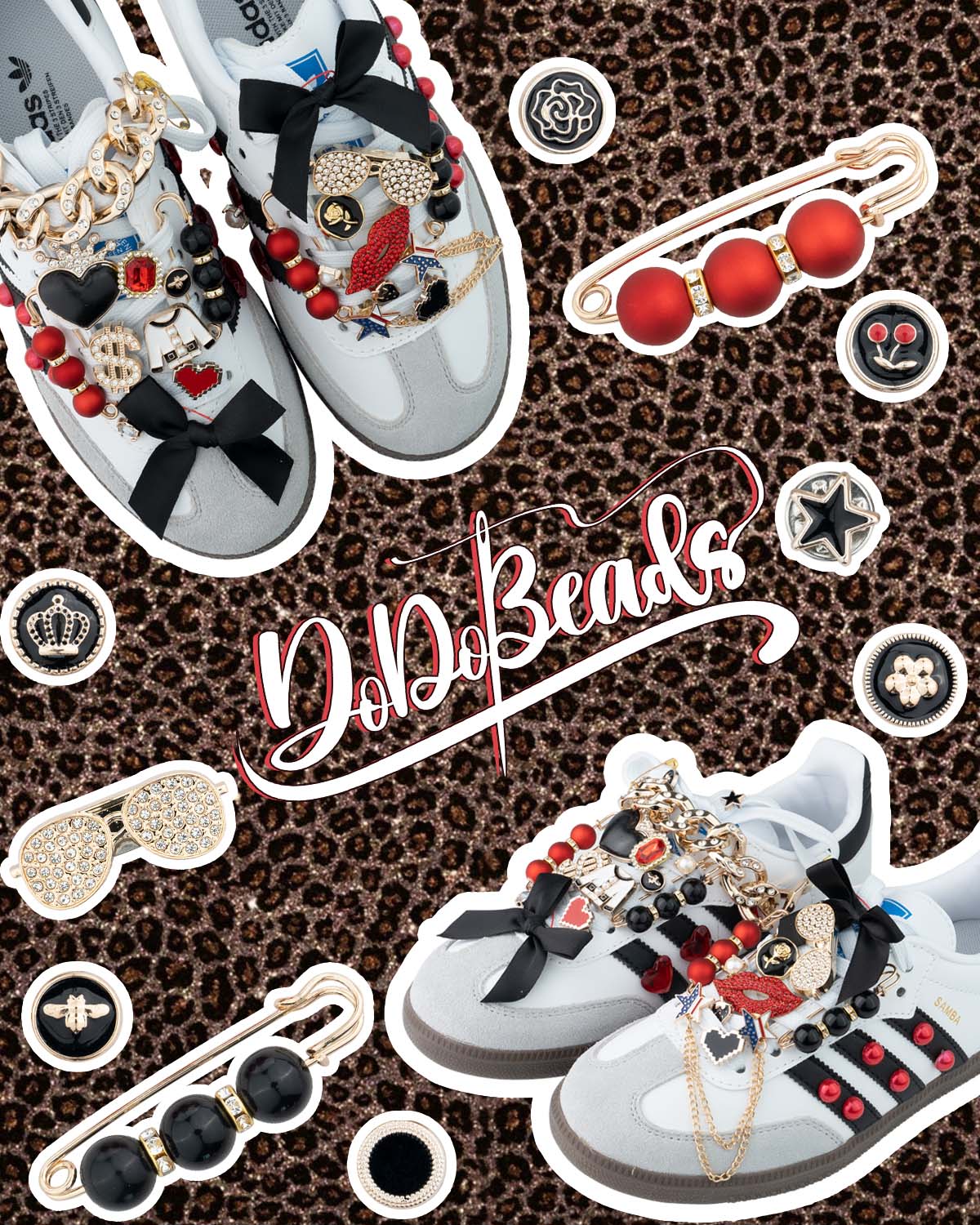 DoDoBeads 85 Pcs Junk Socks Charms Kit, Black and Red Charms for Socks, Brooches and Pins for Women, ShoeCharms with Bows, Sneakers DIY Kit with Pearls Rhinestones Chains