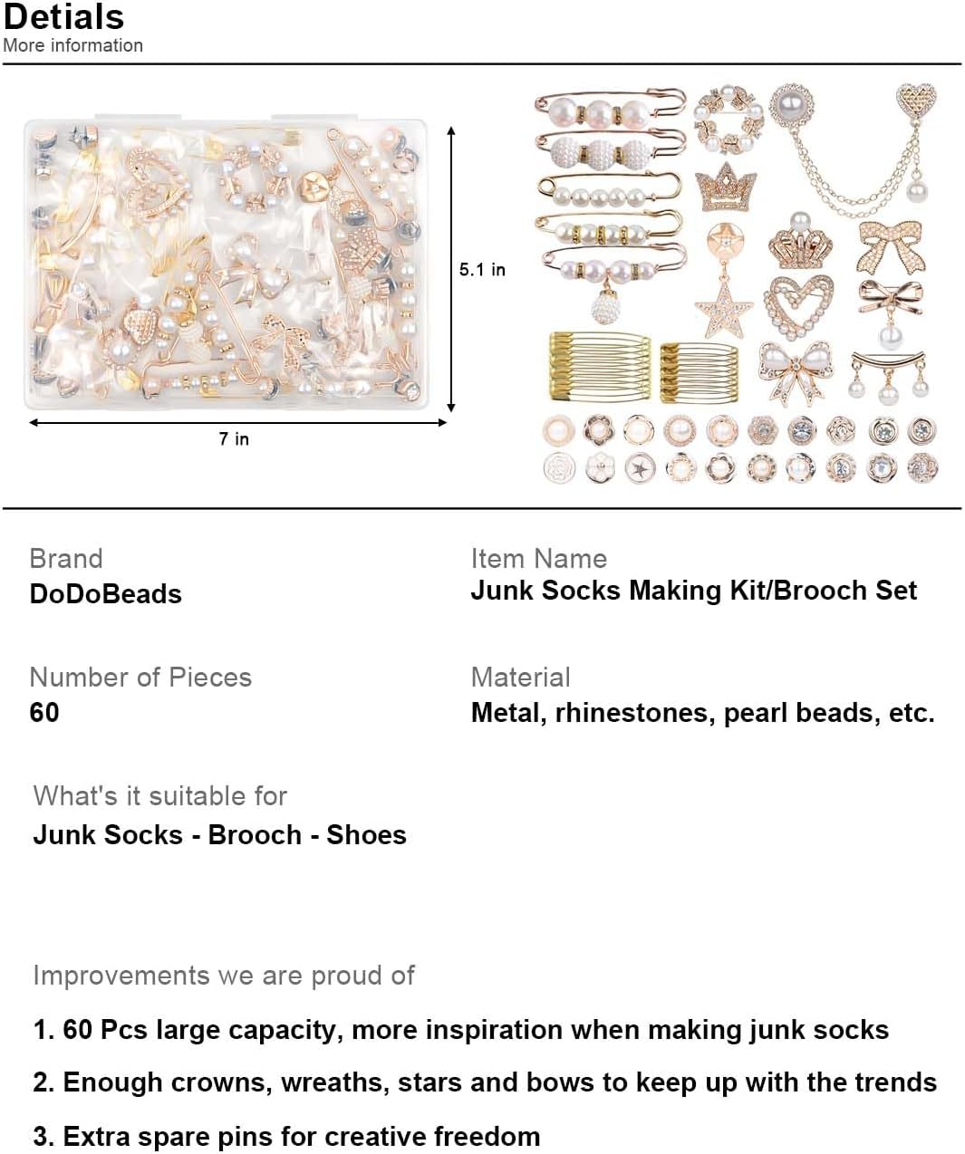 DoDoBeads 60 Pcs Junk Socks Charms Kit, Gold Brooches and Pins for Women, Pearl and Rhinestone Sock Charms with Safety Pins, DIY Accessories for Decorating and Personalizing Socks