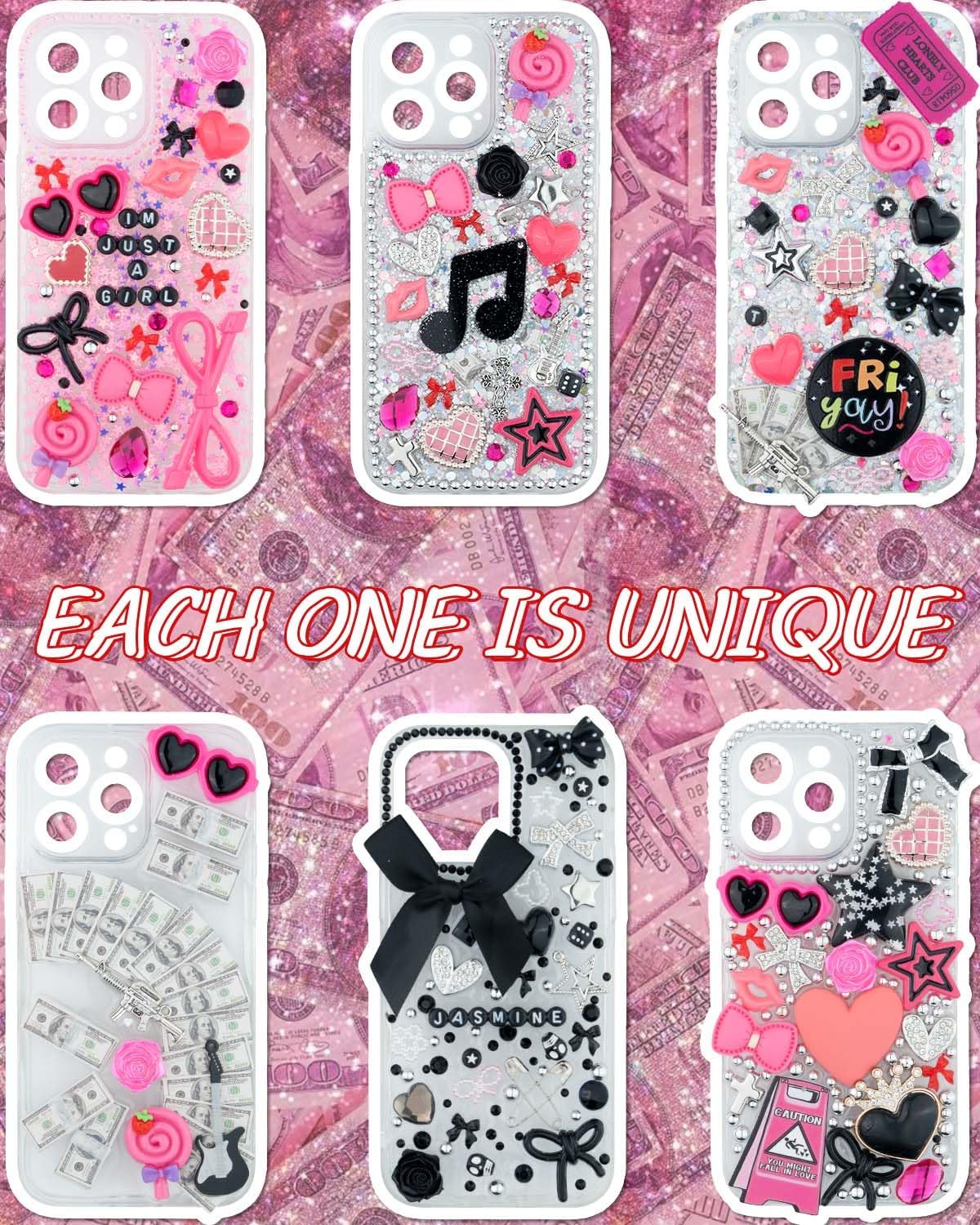 1050 Pcs Junk Phone Case Charms Kit, Charms for Customizing Cases, Kawaii Bow, Letter Beads, Nail Accessories, Flatback Pearls, Rhinestones, Cute Aesthetic Decor for Personalization