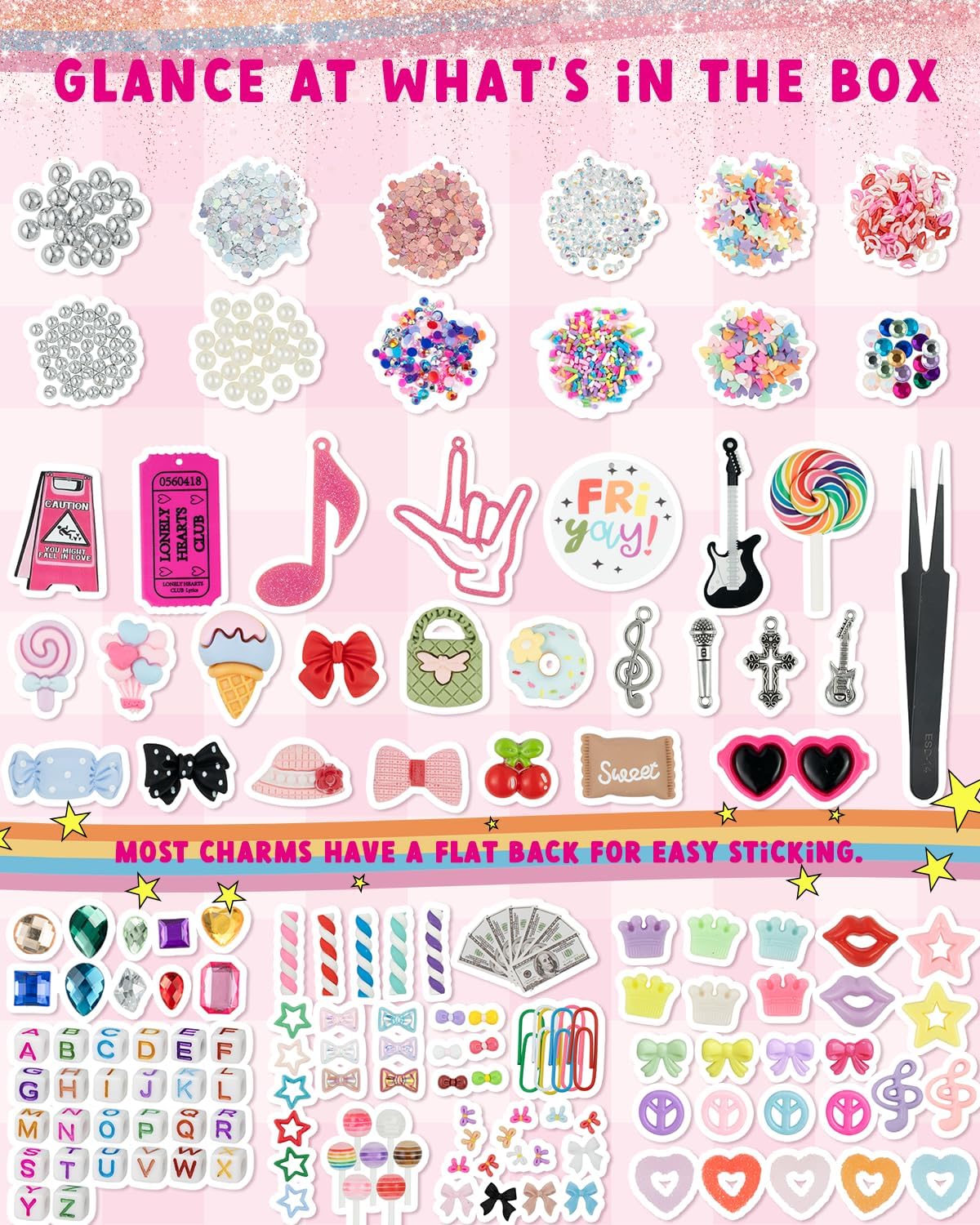 DoDoBeads 2250 Pcs Junk Case Charms Kit, Charms for Junk Cases, Phone Case Charms, Junk Case Kit with Big Charms, Bow Charms, Nail Charms, Letter Beads, Pink Charms,Junk Beads Charms