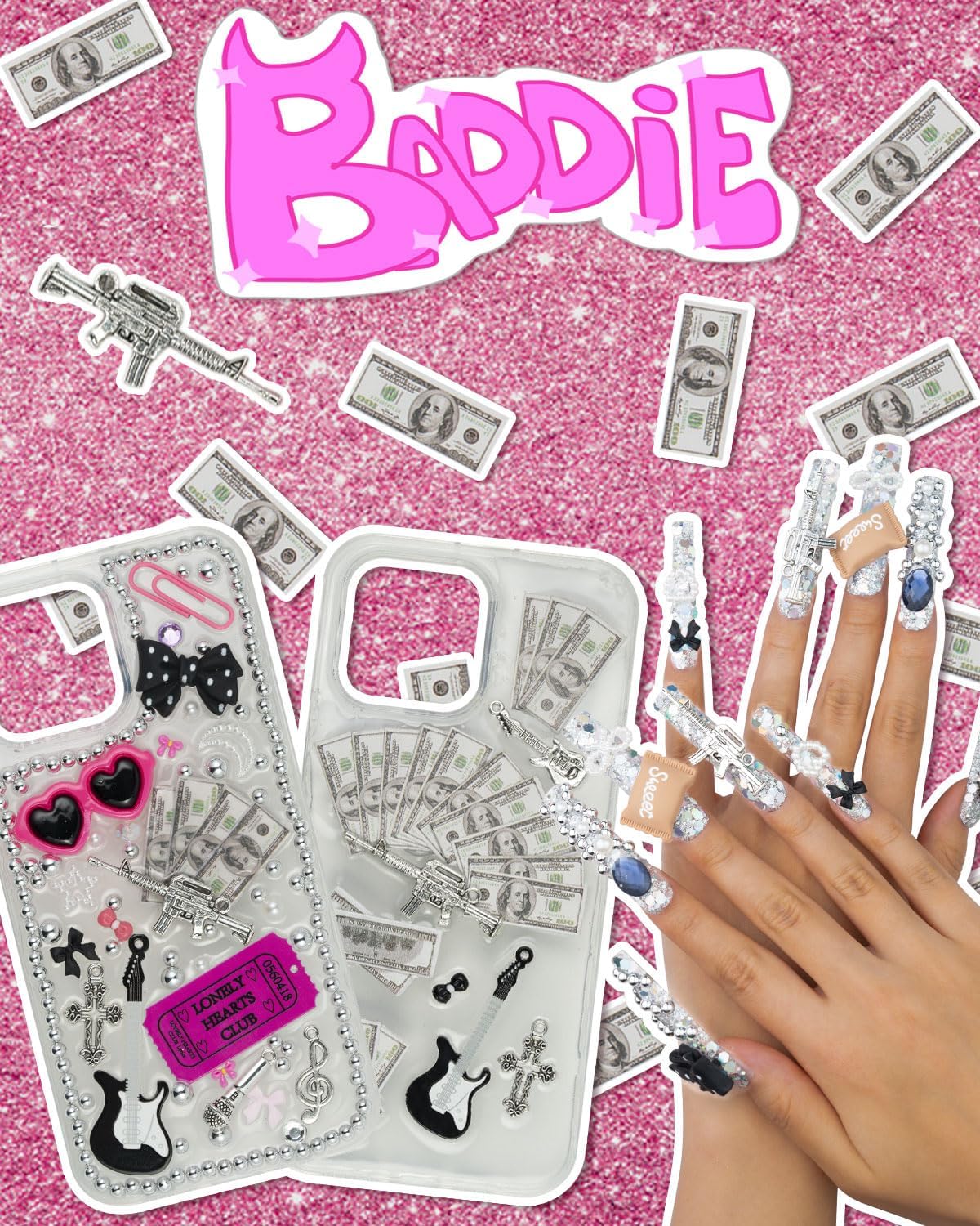 DoDoBeads 2250 Pcs Junk Case Charms Kit, Charms for Junk Cases, Phone Case Charms, Junk Case Kit with Big Charms, Bow Charms, Nail Charms, Letter Beads, Pink Charms,Junk Beads Charms