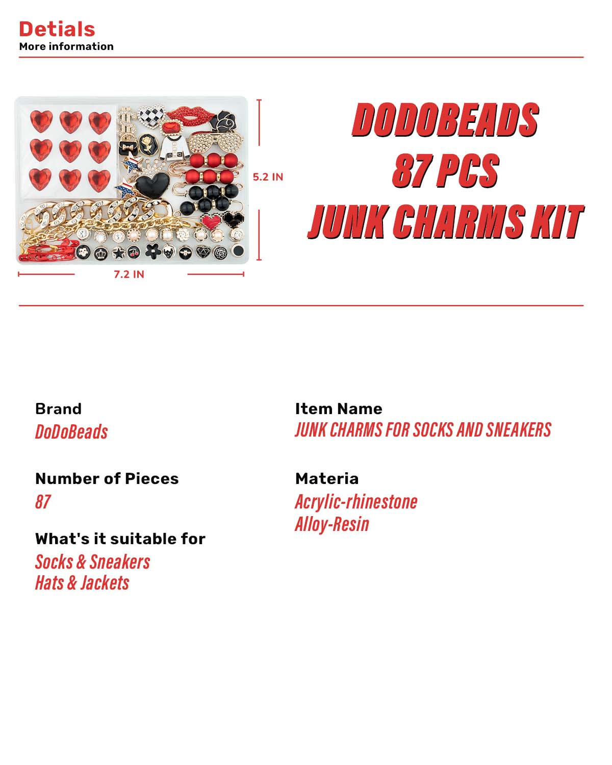 DoDoBeads 85 Pcs Junk Socks Charms Kit, Black and Red Charms for Socks, Brooches and Pins for Women, ShoeCharms with Bows, Sneakers DIY Kit with Pearls Rhinestones Chains
