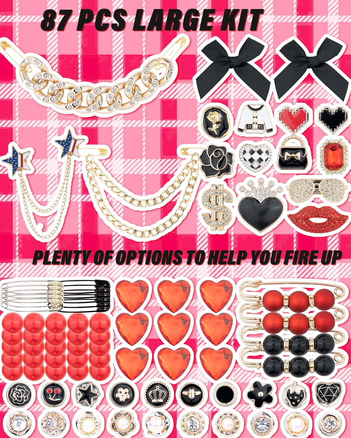 DoDoBeads 85 Pcs Junk Socks Charms Kit, Black and Red Charms for Socks, Brooches and Pins for Women, ShoeCharms with Bows, Sneakers DIY Kit with Pearls Rhinestones Chains