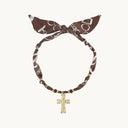 DoDoBeads Brown Scarf Necklace with Gold Engraved Cross Pendant