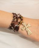 DoDoBeads Brown Scarf Necklace with Gold Engraved Cross Pendant