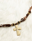DoDoBeads Brown Scarf Necklace with Gold Engraved Cross Pendant