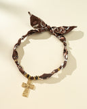 DoDoBeads Brown Scarf Necklace with Gold Engraved Cross Pendant