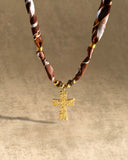 DoDoBeads Brown Scarf Necklace with Gold Engraved Cross Pendant
