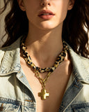 DoDoBeads Leopard Scarf Necklace with Gold Cross Pendant