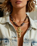 DoDoBeads Scarf Necklace with Gold Cross Pendant