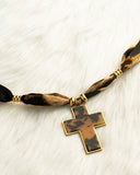 DoDoBeads Leopard Scarf Necklace with Tortoiseshell Cross Pendant