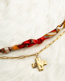 DoDoBeads Layered Scarf Necklace with Gold Paperclip Chain & Cross Pendant