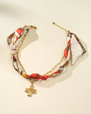 DoDoBeads Layered Scarf Necklace with Gold Paperclip Chain & Cross Pendant