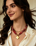 DoDoBeads Layered Scarf Necklace with Gold Paperclip Chain & Cross Pendant