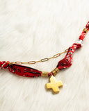 DoDoBeads Layered Scarf Necklace with Gold Paperclip Chain & Cross Pendant