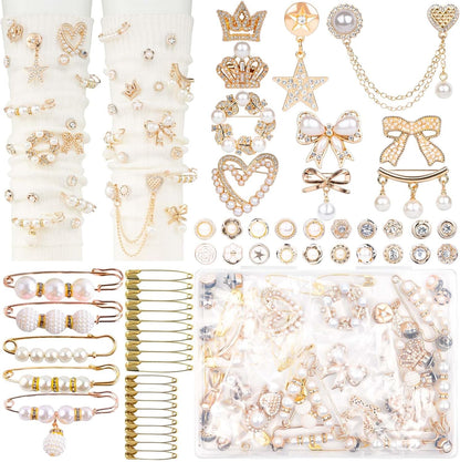 DoDoBeads 60 Pcs Junk Socks Charms Kit, Gold Brooches and Pins for Women, Pearl and Rhinestone Sock Charms with Safety Pins, DIY Accessories for Decorating and Personalizing Socks
