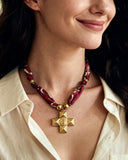 DoDoBeads Burgundy Scarf Necklace with Gold Vintage Cross Pendant