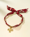 DoDoBeads Burgundy Scarf Necklace with Gold Vintage Cross Pendant