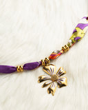 DoDoBeads Purple Scarf Necklace with Gold Flower Pendant