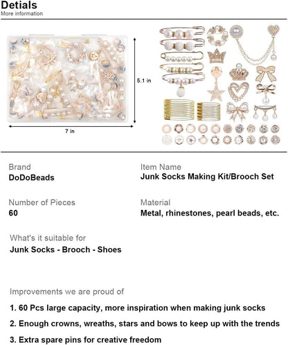 DoDoBeads 60 Pcs Junk Socks Charms Kit, Gold Brooches and Pins for Women, Pearl and Rhinestone Sock Charms with Safety Pins, DIY Accessories for Decorating and Personalizing Socks