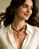 DoDoBeads Scarf Necklace with Orange Enamel Cross Pendant