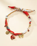 DoDoBeads Scarf Charm Necklace – Vintage Love – Red Enamel Heart & Bow Charm