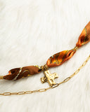 DoDoBeads Brown Scarf Necklace with Gold Cross Pendant