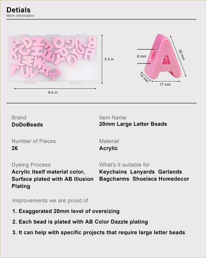 26 Pcs Cute Large Letter Beads, 20mm Jumbo Square Acrylic Letter Beads, Big Letter Beads for Bracelets, Necklaces, Bagcharms, Shoelaces, Keychains, Lanyards, Letter Charms for Craft