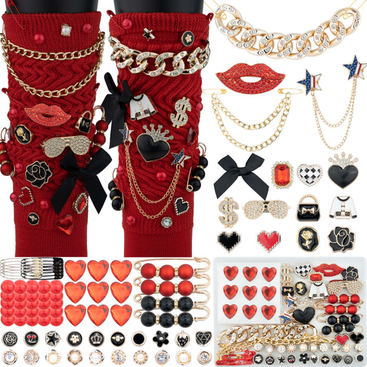 DoDoBeads 85 Pcs Junk Socks Charms Kit, Black and Red Charms for Socks, Brooches and Pins for Women, ShoeCharms with Bows, Sneakers DIY Kit with Pearls Rhinestones Chains